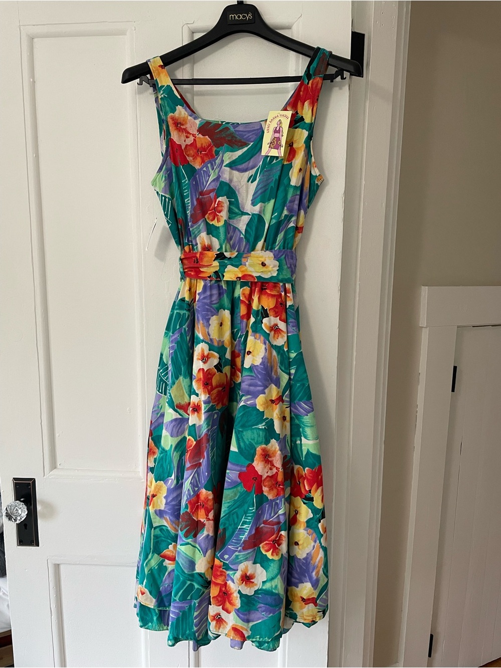 Womens M 80s Tropical Floral Retro Resort 100% cotton Made in USA dress pockets